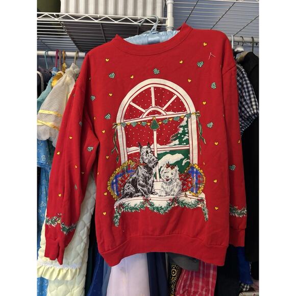 Vintage Hearts Snowy Dogs Sitting In A Window Red Crewneck Sweater Medium - Picture 1 of 3